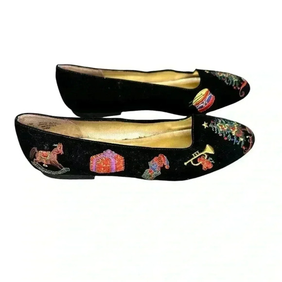 Pritzi Vintage 90s Black Velvet Embroidered Christmas Flats, size 7.5 - Picture 3 of 7